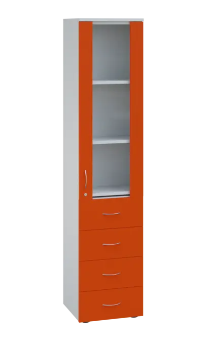 LE - 44 skříň léková prosklená, pravá, korpus bílý, dvířka mandarinka